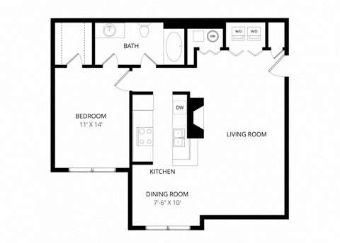 Floor plan for 1 bed, 1 bath, 847 sqft